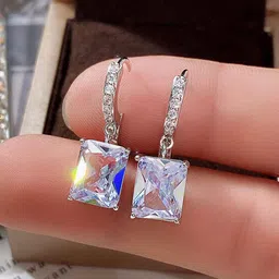 Jewels Galaxy Silver Plated American Diamond Rectangular Drop Earrings image 5