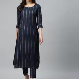 mokshi Women Navy Blue & Golden Striped Kurta with Trousers-image-20
