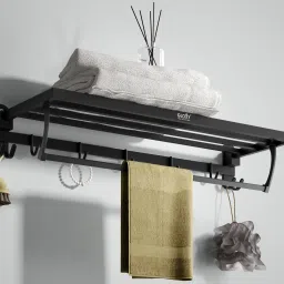 Space-Saving Wall-Mounted Towel Rack | Foldable Bathroom Organizer with Hooks Bathroom Mirror-image-7