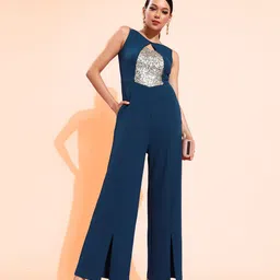 DressBerry Teal Blue Sweetheart Neck Sequined Basic Jumpsuit-picture-12