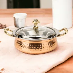 Primo Handi with Glass Lid & Handle |Capacity - 300ML|Material - Steel & Copper| Bowl, Container, Dish Serving Set-image-7