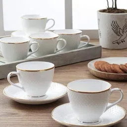 Pack of 12 Bone China Golden Rim White Dotted Tea Cup Saucer Set of 12 Piece, (6 Cups & 6 Saucer)-9