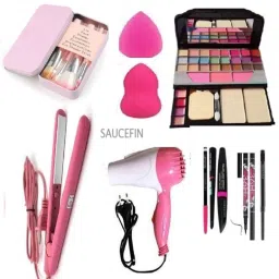 MAKEUP KIT,7 BRUSH,DRYER,STRAIGHTENER,PUFFs,KAJAL,EYELINER,7in1 Combo-16