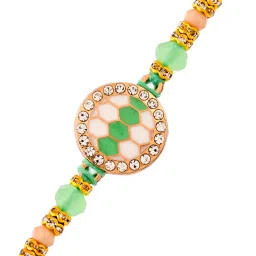 voylla Designer Men's Green Thread Traditional Design White Pearls Rakhi For Brother Mauli Thread Chawal Roli PackSet image 2