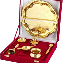 Traditional Handcrafted Brass Thali/Aarti Bartan Plate for Pooja/Worship Brass Brass, Polyresin, Silver-image-46
