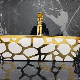 Premium Designer Table Top Counter Top Golden Wash Basin Gold Ceramic Wash Basin L-4102(L41 X W30 X H13Cm) Very Stylish Bathroom Golden Ceramic Wash Basin Table Top Basin-image-38