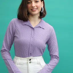 Women Regular Fit Self Design Spread Collar Casual Shirt-image-70