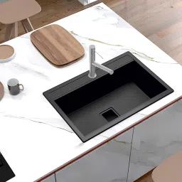 Quartz Kitchen -Smoky Top Mount -Single Bowl Sink with Waste Coupling & PVC Pipe 30x20_black Under Counter Basin-image-50