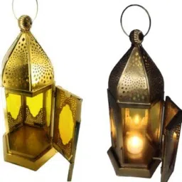 Gold, Yellow Metal Table Lantern-image-18
