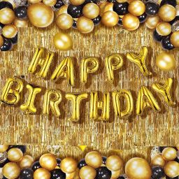 Solid Happy Birthday Golden Foil Letter Balloons(13 foil latter 1 pack)With 30 Pic Black Gold Balloons And 2 Pcs Golden Metallic Fringe Shiny Curtains(Pack Of 45) Balloon-37