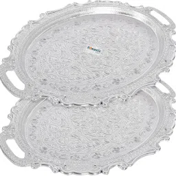 Serving Tray for Kitchen with Handles|Pack of 2|Silver Tray-image-16