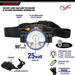 24 energy 25 Watt Laser LED Head Lamp With Rechargeable Lithium Battery Torch image 4
