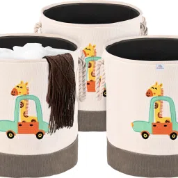 Cotton, Polyester Pack of 3 43 Ltr Clothes Basket with Handles | GM-8-BG | Giraffe- Grey & White Storage Basket-image-20