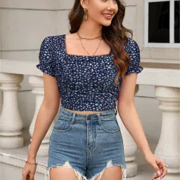 Casual Puff Sleeves Solid Women Blue, Black Top-image-17