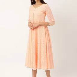 SWAGG INDIA Peach-Coloured & White Chikankari Georgette Ethnic A-Line Midi Dress-picture-31