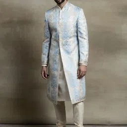 Tasva Men Med Blue Woven Design Banaras Brocade Sherwani Set-picture-4