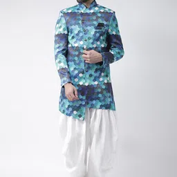 Hangup Men Blue & White Printed Sherwani Set-image-84