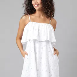 ANAI Self Design Shoulder Straps Cotton Schiffli A-Line Mini Dress-image-31