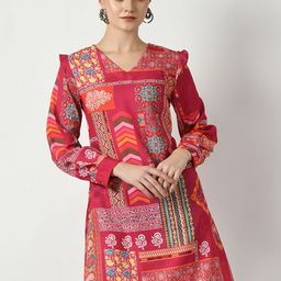 DressBerry Pink And Blue Ethnic Motifs Printed Linen A-Line Mini Dress-image-92