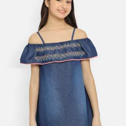 Natilene Girls Ethnic Embroidered Layered Detail Pure Cotton A-Line Mini Dress-24