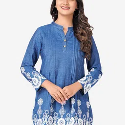 SUMAVI-FASHION Mandarin Collar Embroidered & Pleated Organic Cotton Denim A-Line Dress-image-67
