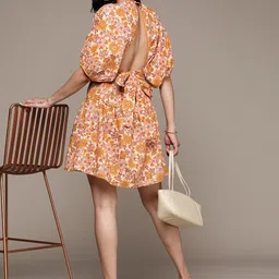 MANGO Floral Print Tie-Up Detailed Styled Back Pure Cotton Mini Dress-image-72