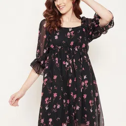 Bitterlime Women Black & Pink Floral Georgette Empire Dress-picture-40