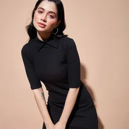 SASSAFRAS BASICS Ribbed Stand Up Collar Mini Cotton Bodycon Dress-image-99