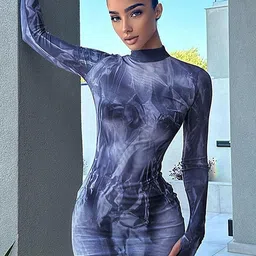 lulu & sky LULU & SKYAbstract Printed Mock Collar Long Sleeve Bodycon Mini Dress-picture-43