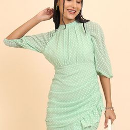 Tokyo Talkies Green Self Design Ruched Mini Wrap Dress-image-85