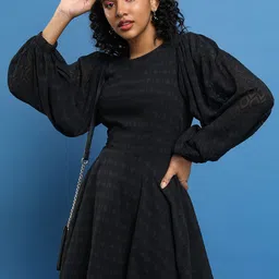 Tokyo Talkies Black Self Design Round Neck Puff Sleeve Fit & Flare Dress-image-63