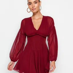 Trendyol V-Neck Puff Sleeve Gathered A-Line Mini Dress-image-96