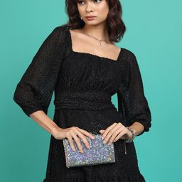 Tokyo Talkies Black Self Design Square Neck Puff Sleeves Mini Fit & Flare Dress-image-25