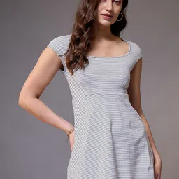 STYLECAST X KASSUALLY White Square Neck Striped Fit & Flare Mini Dress-image-93