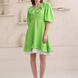 OBSHIVKA Women Puff Sleeve Ruffled Fit & Flare Dress-image-24