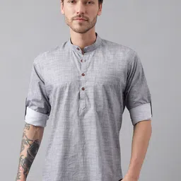 Hancock Band Collar Roll-Up Sleeves Cotton Straight Kurta-image-31