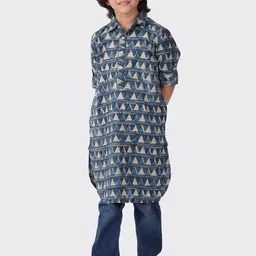 Fabindia Boys Navy Blue Geometric Printed Kurta-picture-22