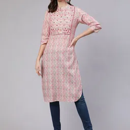 Jaipur Kurti Pink Ethnic Motifs Printed Mandarin Collar Kurta-image-47