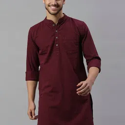 High Star Men Maroon Mandarin Collar Denim Kurta-picture-16