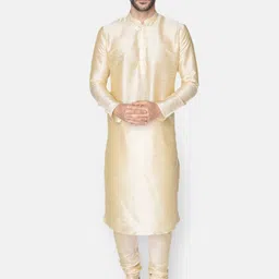 NAMASKAR Men Golden Solid Dupion Silk Kurta-picture-57