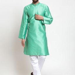 NEUDIS Men Green Solid Dupion Silk A-Line Kurta-image-96