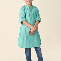 Fabindia Boys Striped Woven Design Mandarin Collar Cotton Straight Kurta-37