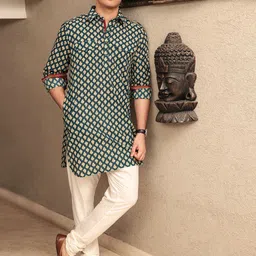 Spring Soul Green Printed Cotton Ethnic Motifs Pathani Kurta-image-86