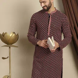 Anouk Coral Geometric Embroidered Mandarin Collar Long Sleeves Sequinned Cotton Kurta-picture-58