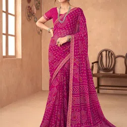 Anouk Pink & White Bandhani Printed Zari Pure Chiffon Bandhani Saree-2