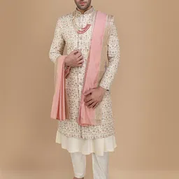 Manyavar Men Floral Thread Work Embroidered Art Silk Sherwani Set-image-14