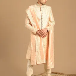 Manyavar Mandarin Collar Self Designed Sherwani Set-image-6