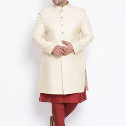 KISAH PLUS Men Cream Coloured & Maroon Printed Sherwani Set-picture-0
