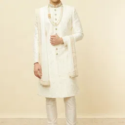 Manyavar Men Self-Design Raw Silk  Sherwani Set-image-97
