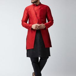SOJANYA Men Maroon & Black Self Design Sherwani Set-picture-10